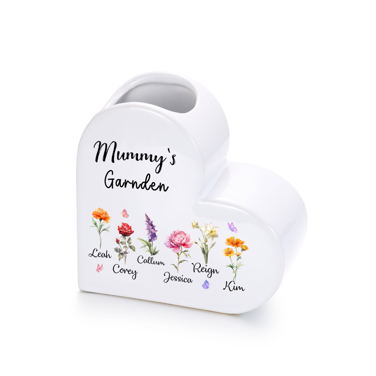 Personalised Ceramic Heart Vase with 1 to 12 Birth Flowers and Children’s Names