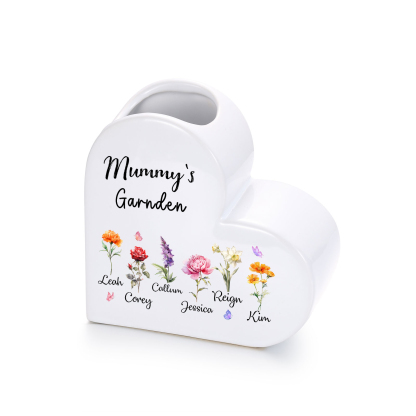 Personalised Ceramic Heart Vase with 1 to 12 Birth Flowers and Children’s Names