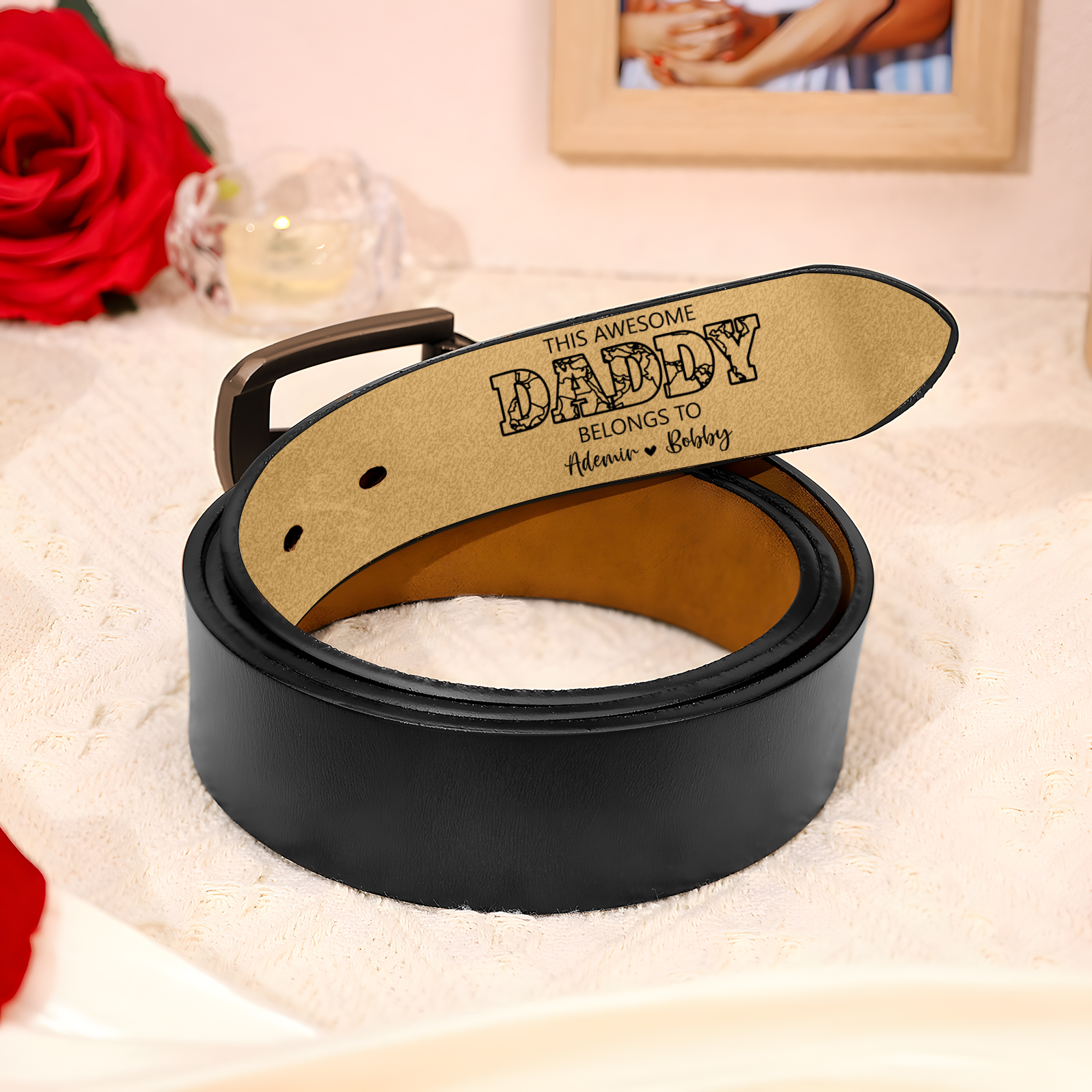 Personalised Leather Belt with 2-7 Names and 1 Letter "This awesome daddy belongs to "| Father’s Day Gift | Jessemade