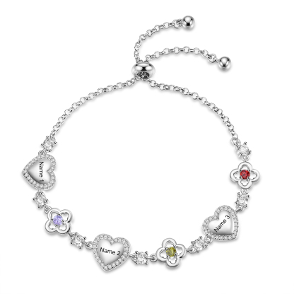 Personalised Birthstone Bracelet with Heart and Flowers, Customised with 2–5 Names and Stones