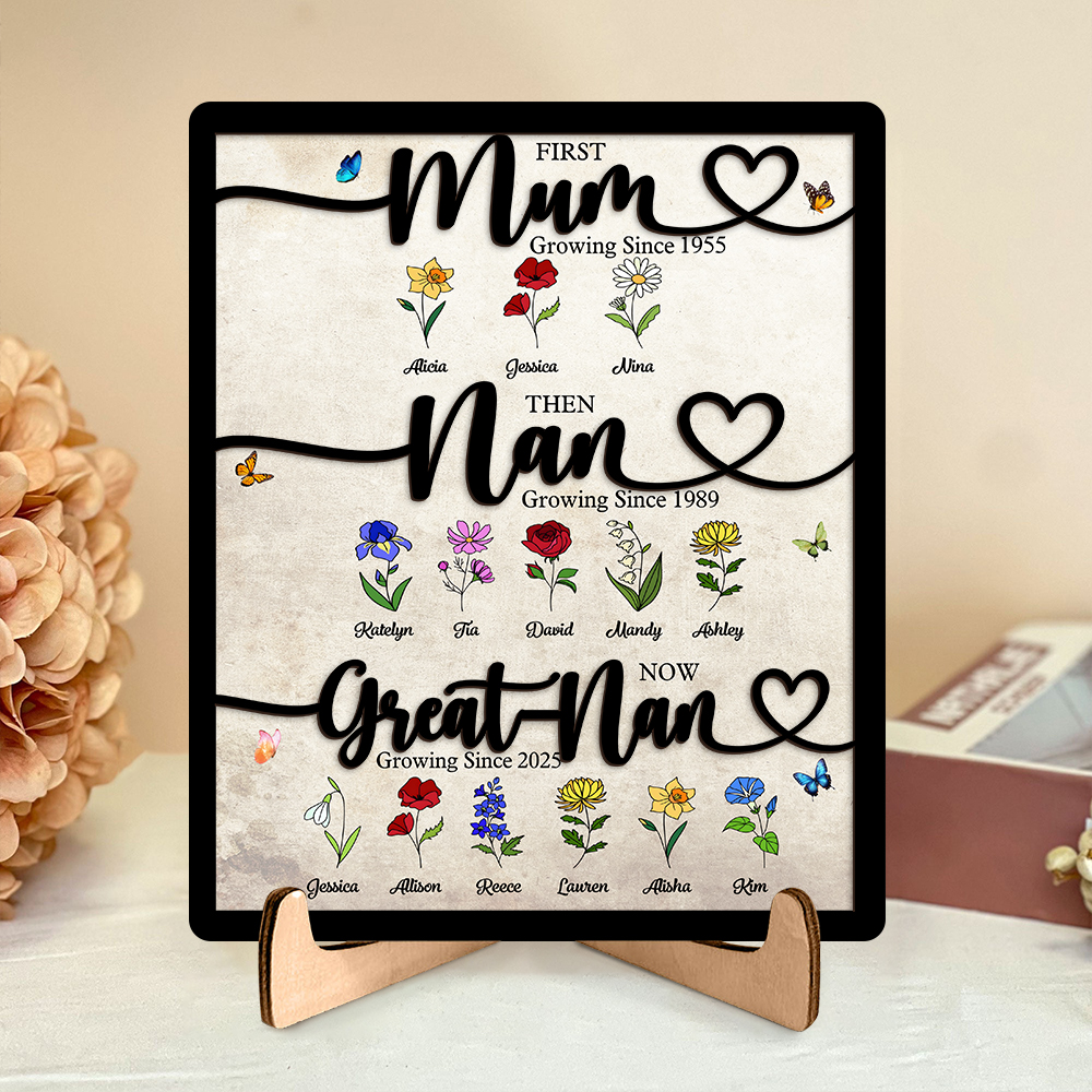 Personalised Wooden Plaque Mum Nan Great Nan Floral Family Sign