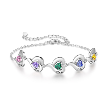 Personalised 1-5 Names Adjustable Heart Birthstone Bracelet