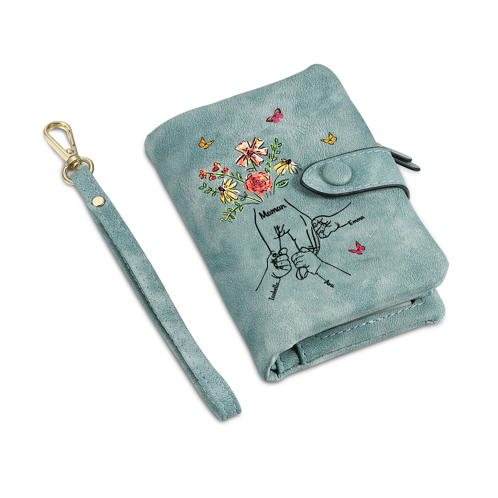 Personalised Wallet with flowers and a hand-in-hand design, with 3 to 6 names – for Mum/Grandma