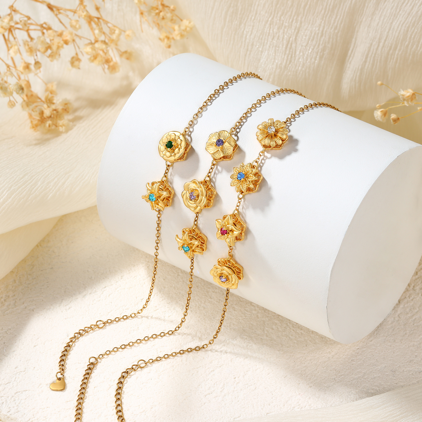 Personalised Women's Bracelet with 2-4 Birthstones and Birth Flowers, Rotating Bracelet for Women | Jessemade