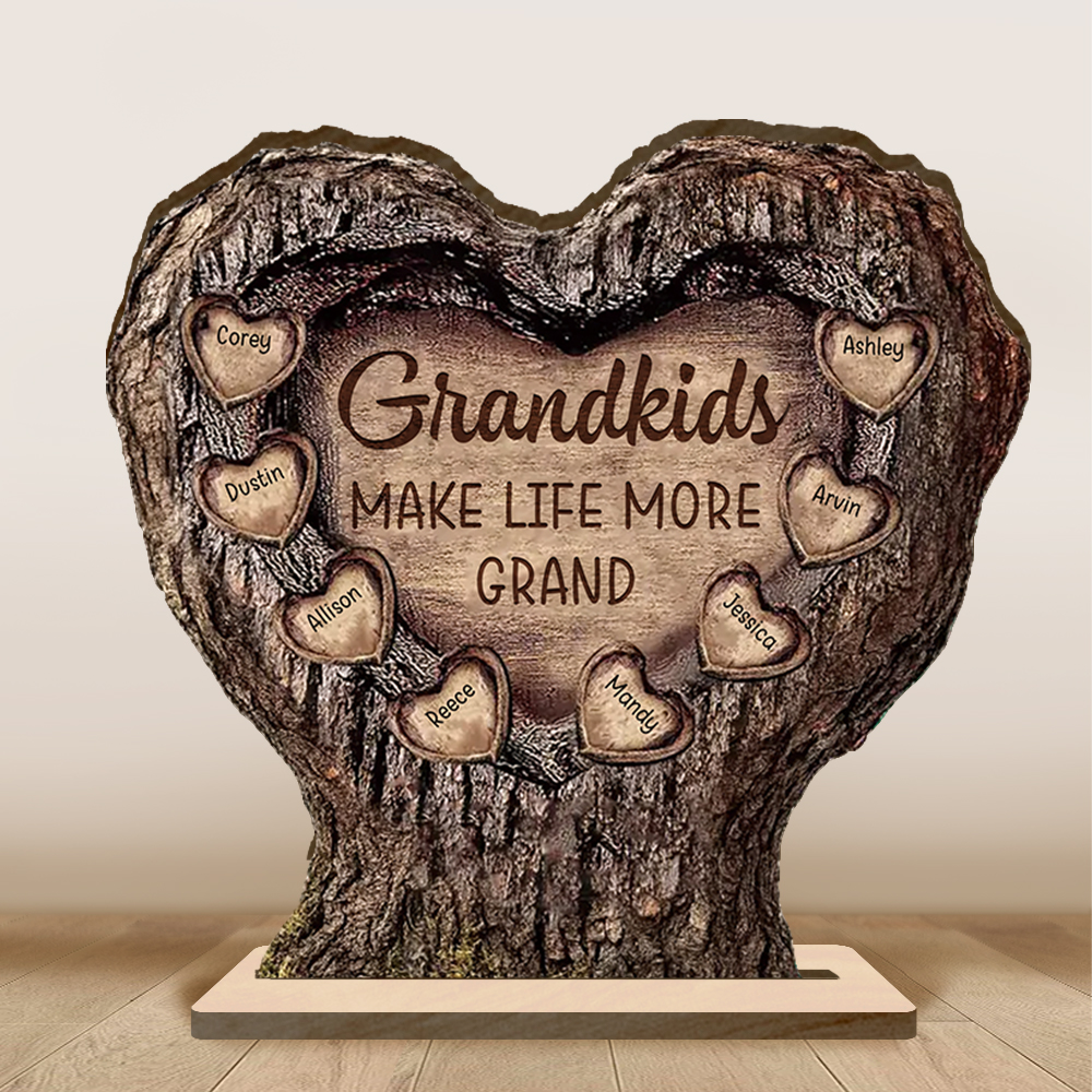 Personalised wooden tree-trunk heart plaque with grandchildren's names, gift for Grandpa and Grandma