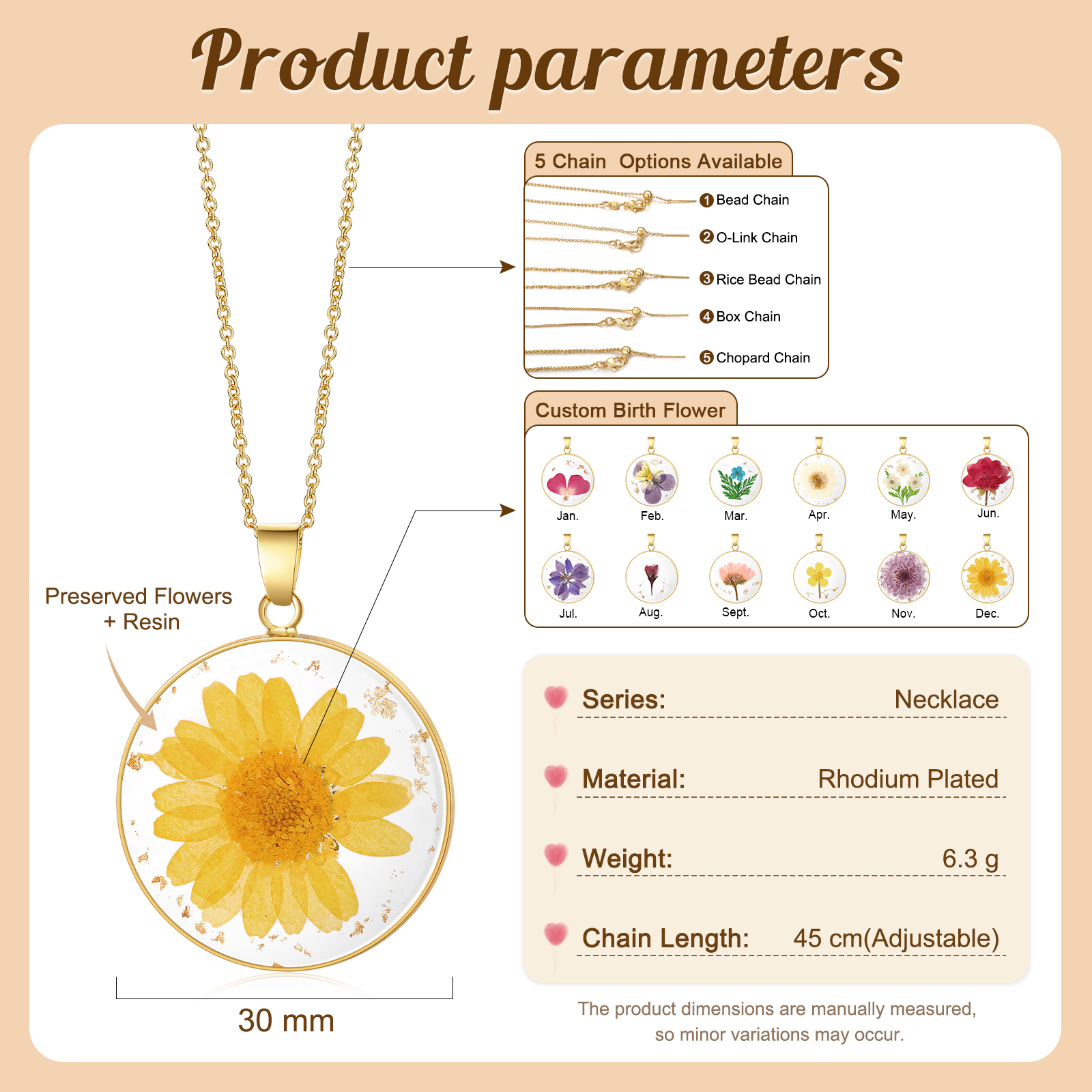 Personalised Gold Botanical Birth Flower Resin Pendant Necklace