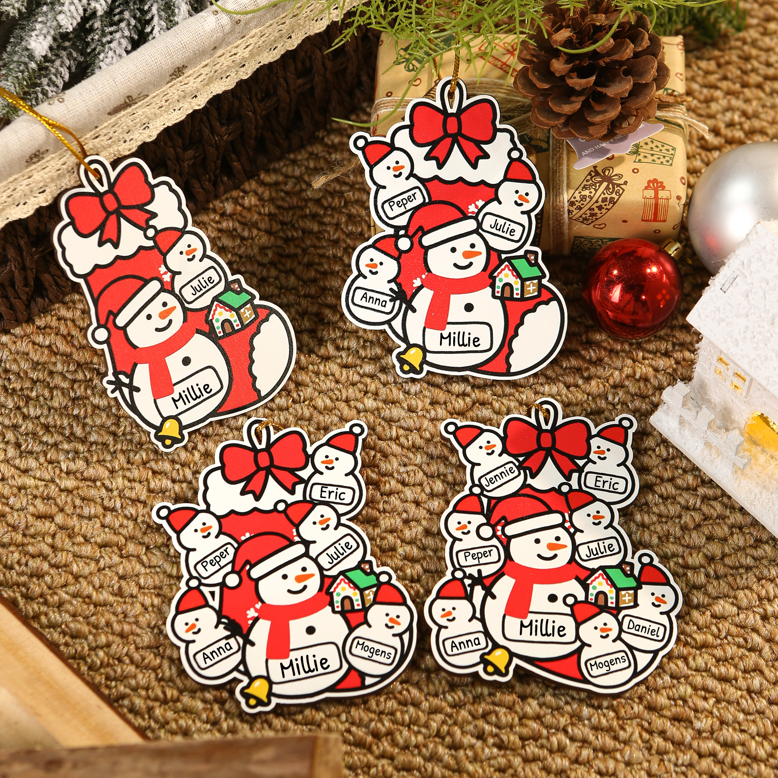 Personalised  Wooden Christmas Tree Decoration Snowman Family Tree Ornament