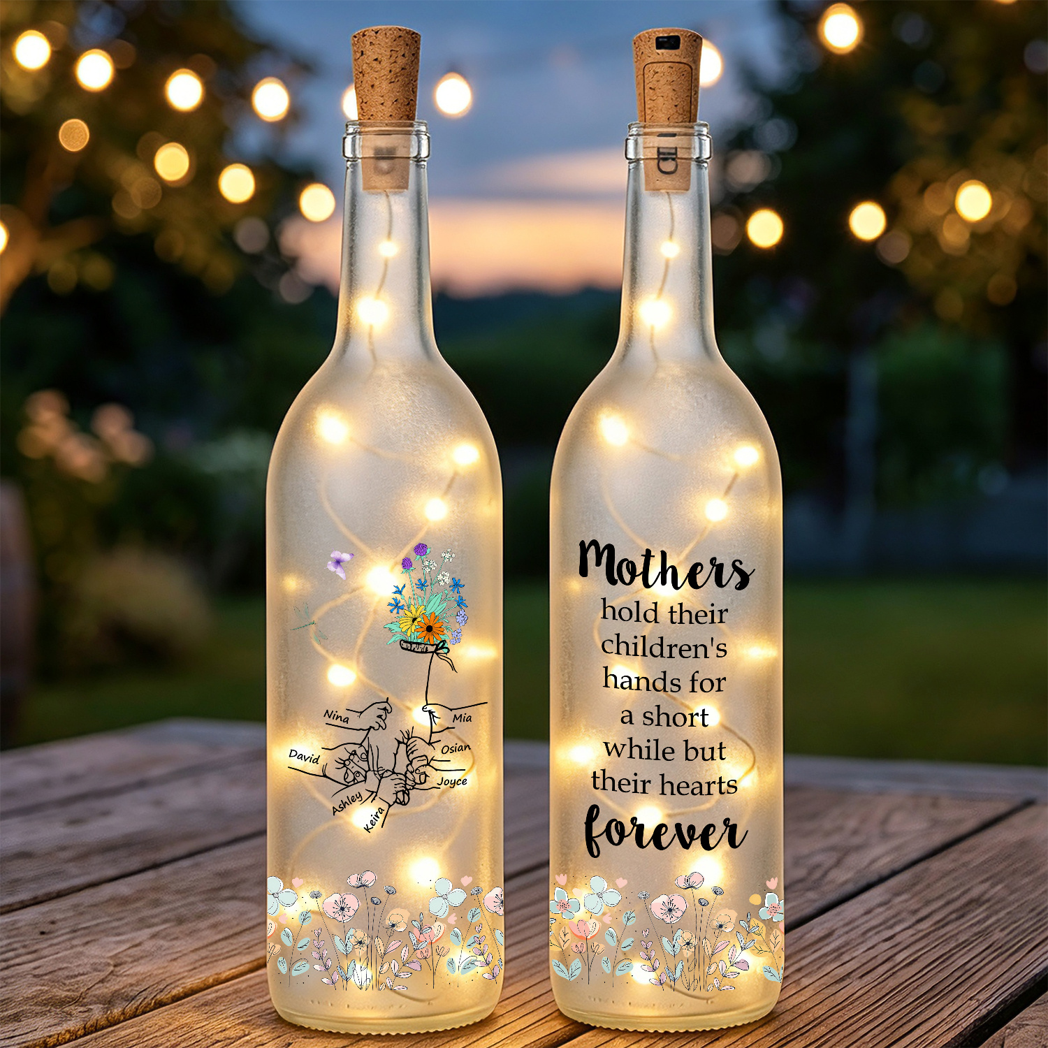 Personalized LED Bottle Light with 2-12 Custom Family Names and Floral Family Hands Design for Mum