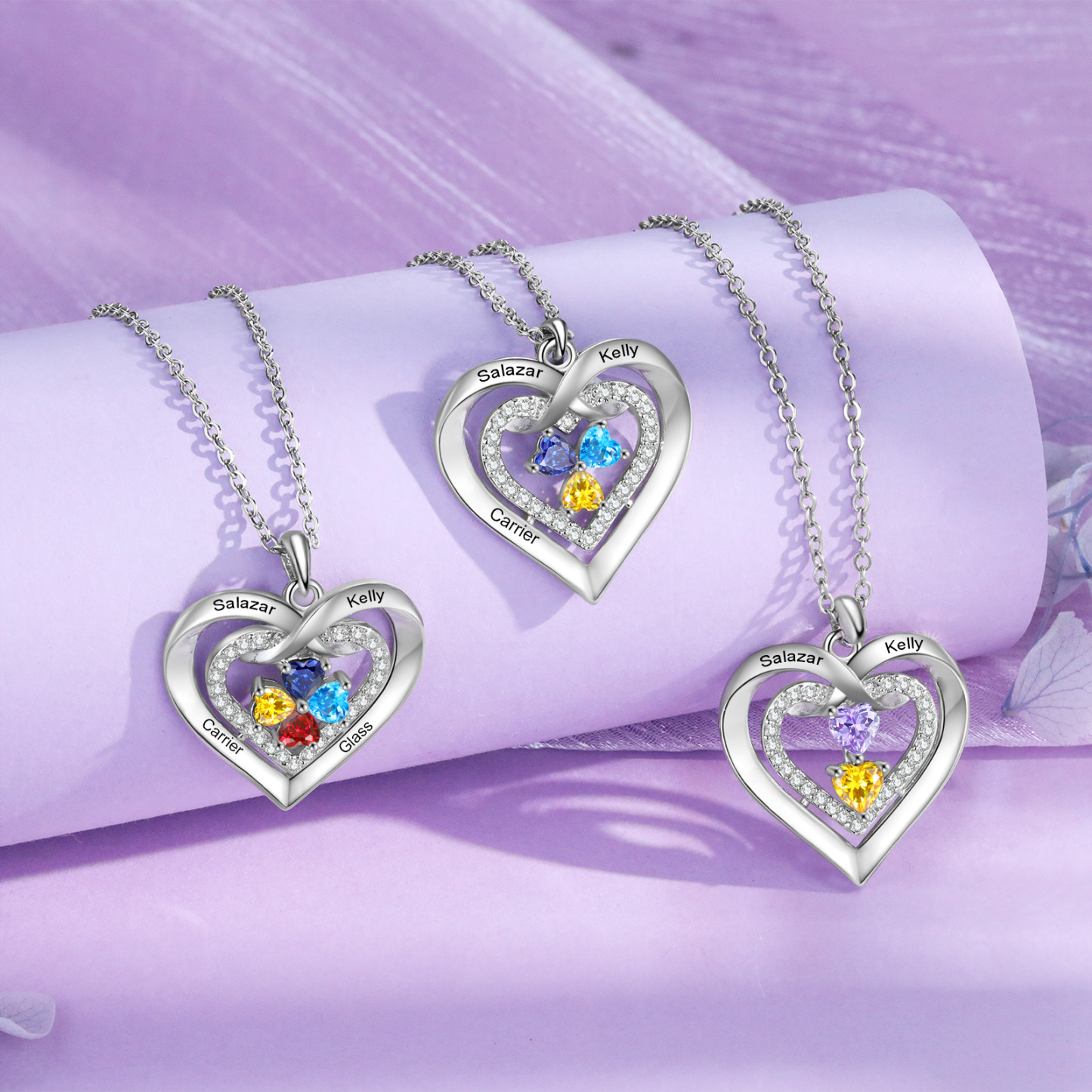 Personalised Double Heart 2-4 Birthstones Name Necklace