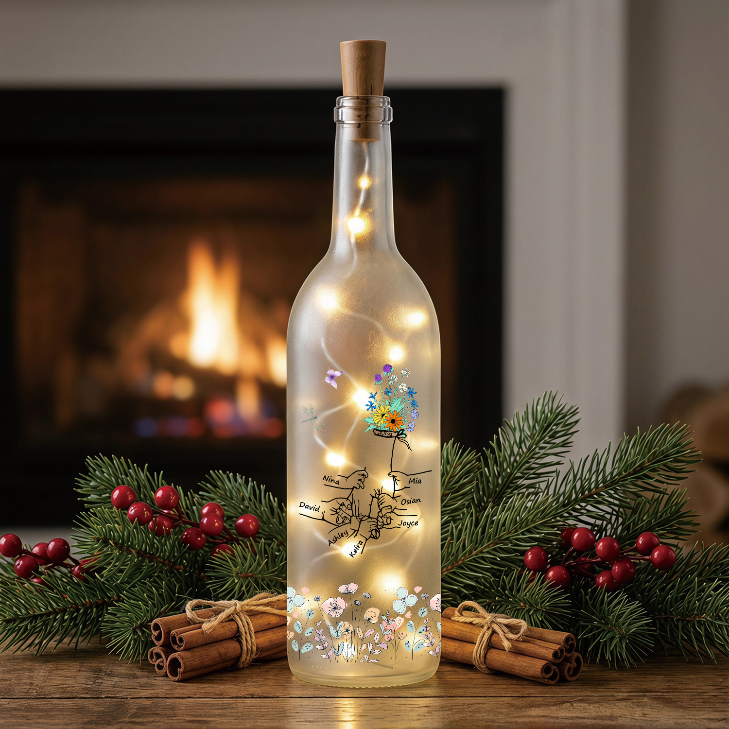 Personalized LED Bottle Light with 2-12 Custom Family Names and Floral Family Hands Design for Mum