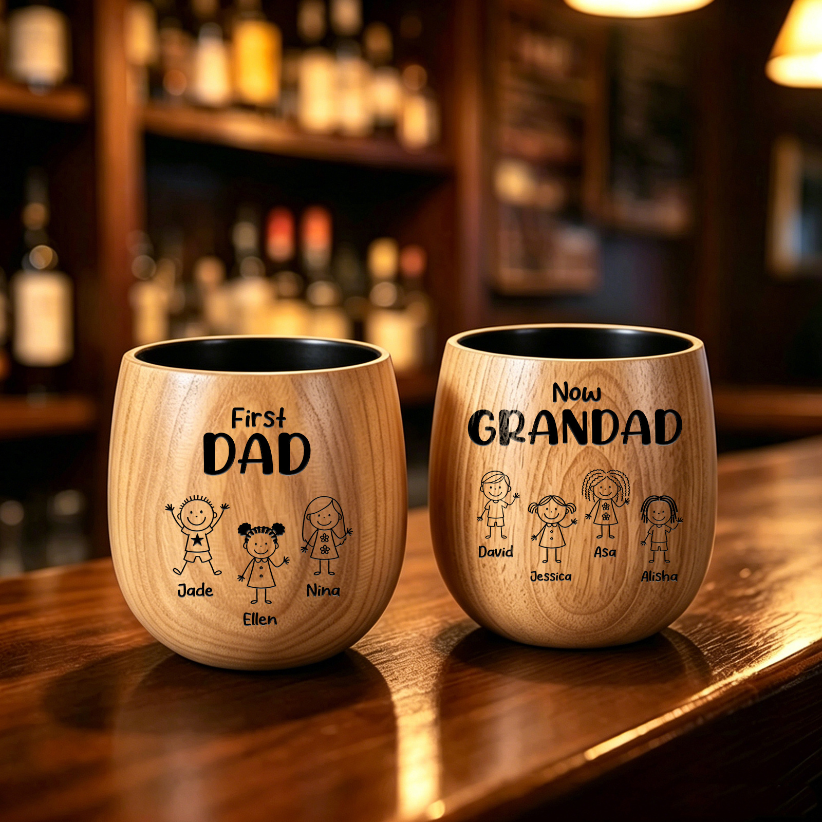 Personalised Wooden Whisky Tumbler for Dad or Grandad – 2 to 16 Children and Names