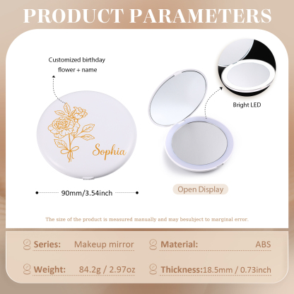 Personalised Birth Flower Pocket Mirror with Led Light Custom Name Compact Mirror Gifts for Her-Jessemade AU