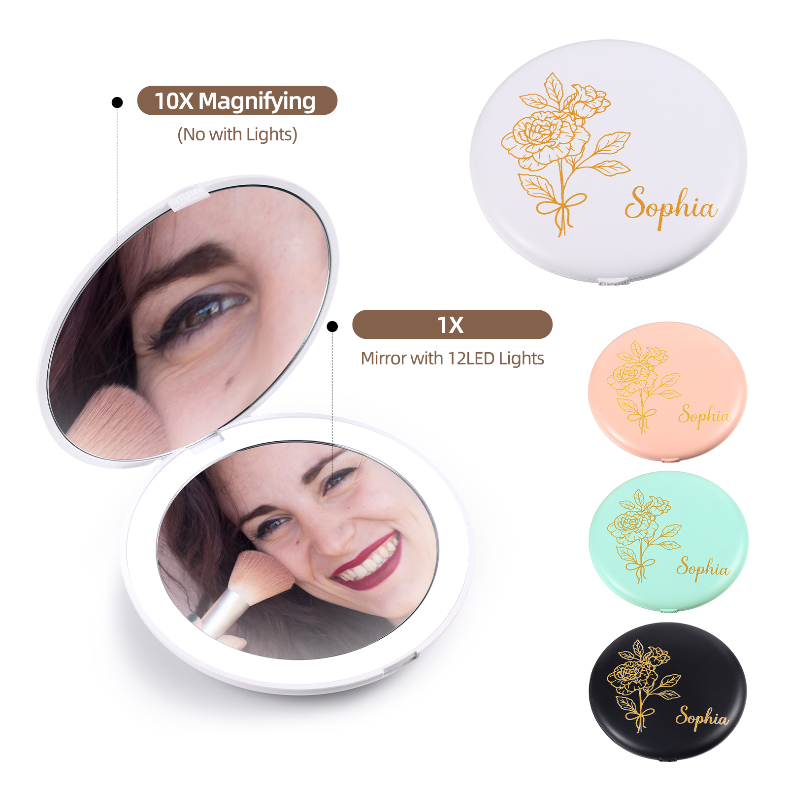 Personalised Birth Flower Pocket Mirror with Led Light Custom Name Compact Mirror Gifts for Her-Jessemade AU