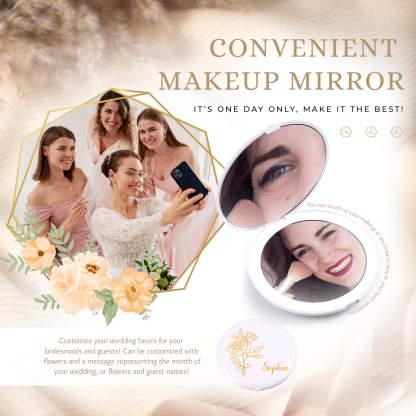 Personalised Birth Flower Pocket Mirror with Led Light Custom Name Compact Mirror Gifts for Her-Jessemade AU