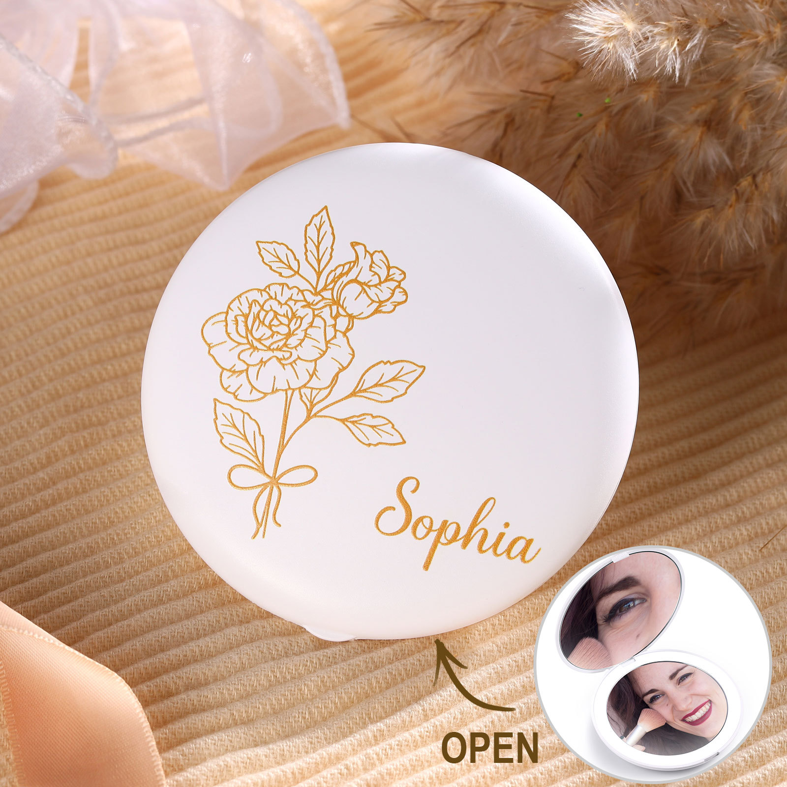 Personalised Birth Flower Pocket Mirror with Led Light Custom Name Compact Mirror Gifts for Her-Jessemade AU