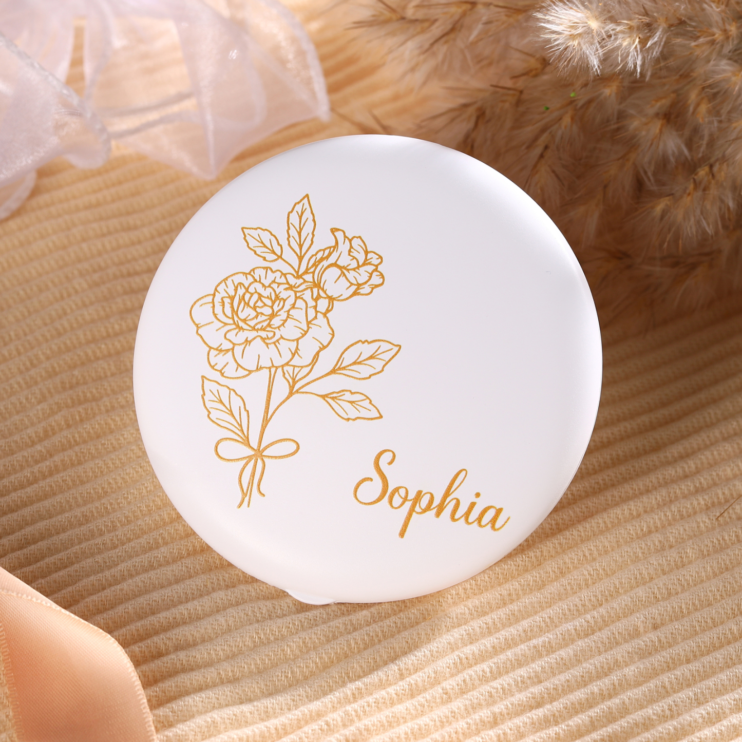 Personalised Birth Flower Pocket Mirror with Led Light Custom Name Compact Mirror Gifts for Her-Jessemade AU