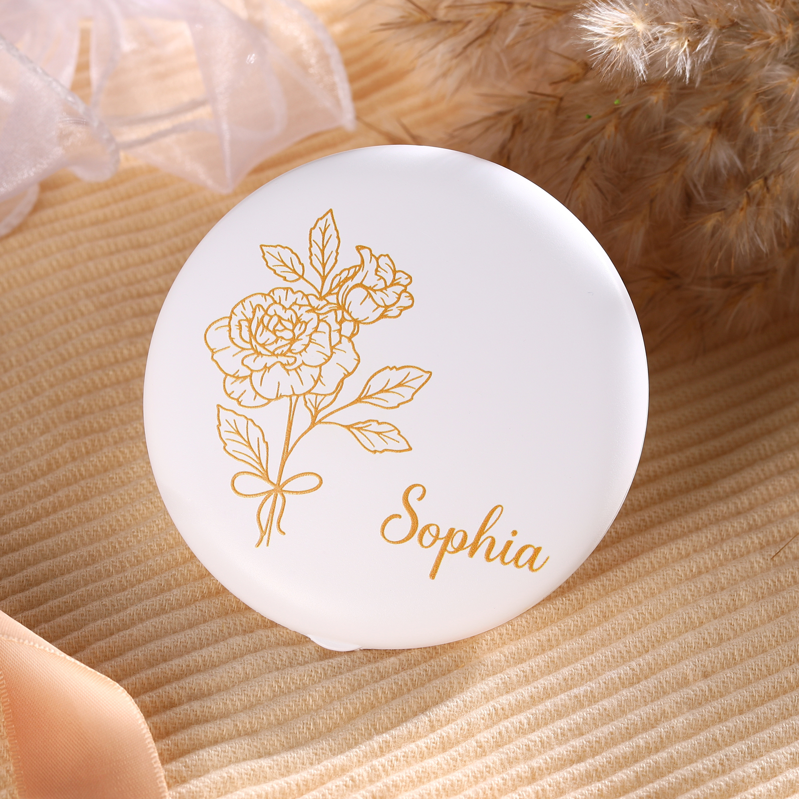 Personalised Birth Flower Pocket Mirror with Led Light Custom Name Compact Mirror Gifts for Her-Jessemade AU