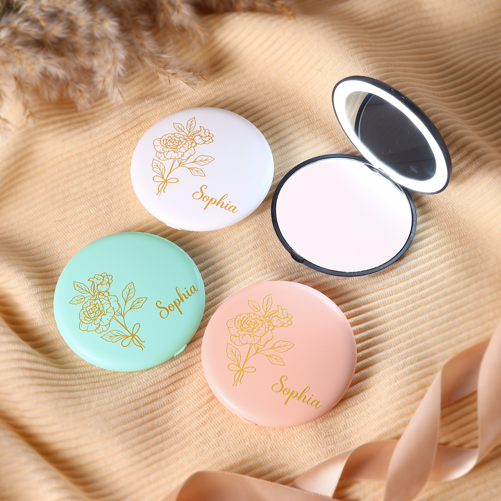 Personalised Birth Flower Pocket Mirror with Led Light Custom Name Compact Mirror Gifts for Her-Jessemade AU