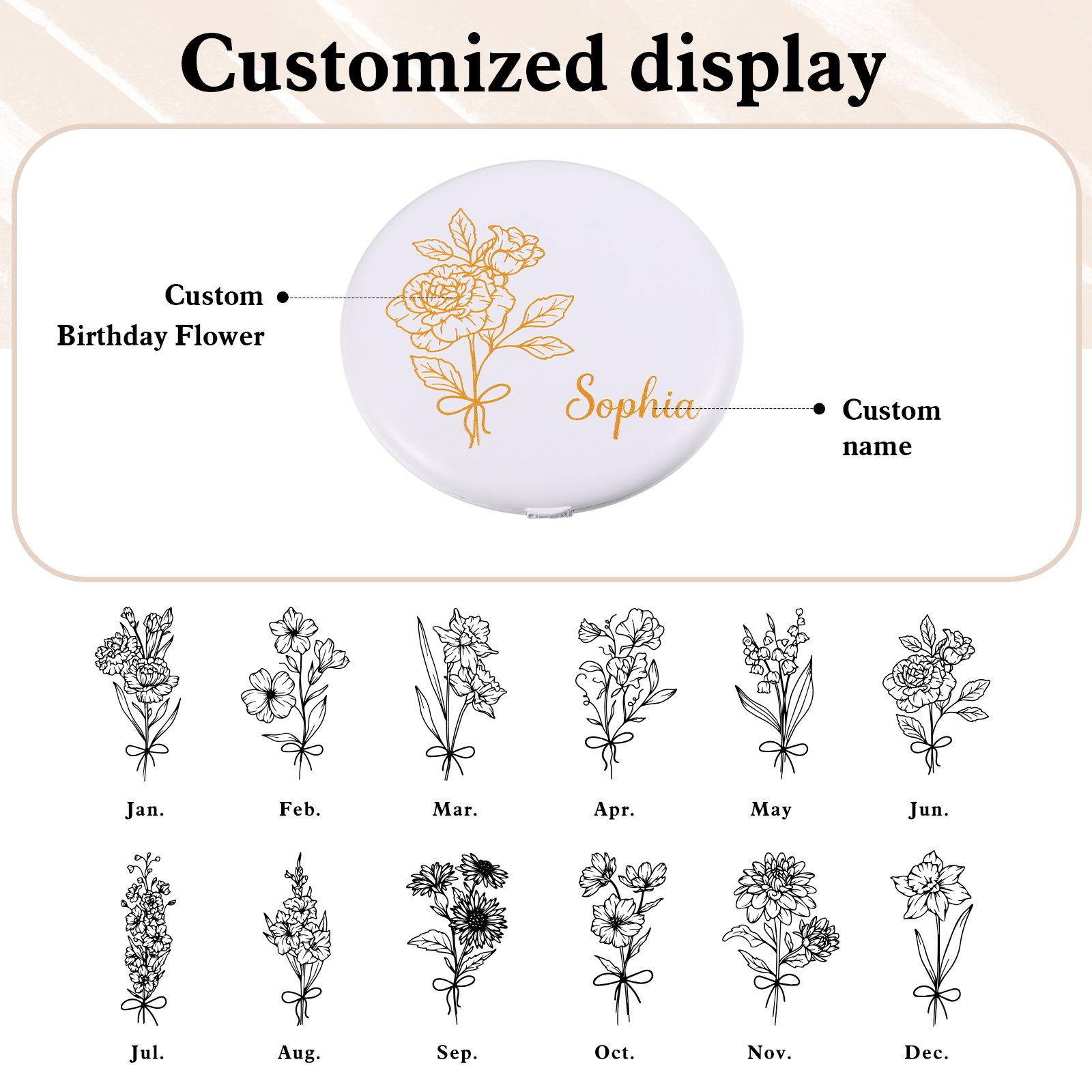 Personalised Birth Flower Pocket Mirror with Led Light Custom Name Compact Mirror Gifts for Her-Jessemade AU