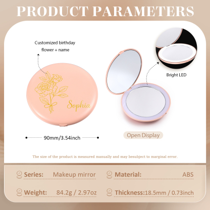 Personalised Birth Flower Pocket Mirror with Led Light Custom Name Compact Mirror Gifts for Her-Jessemade AU