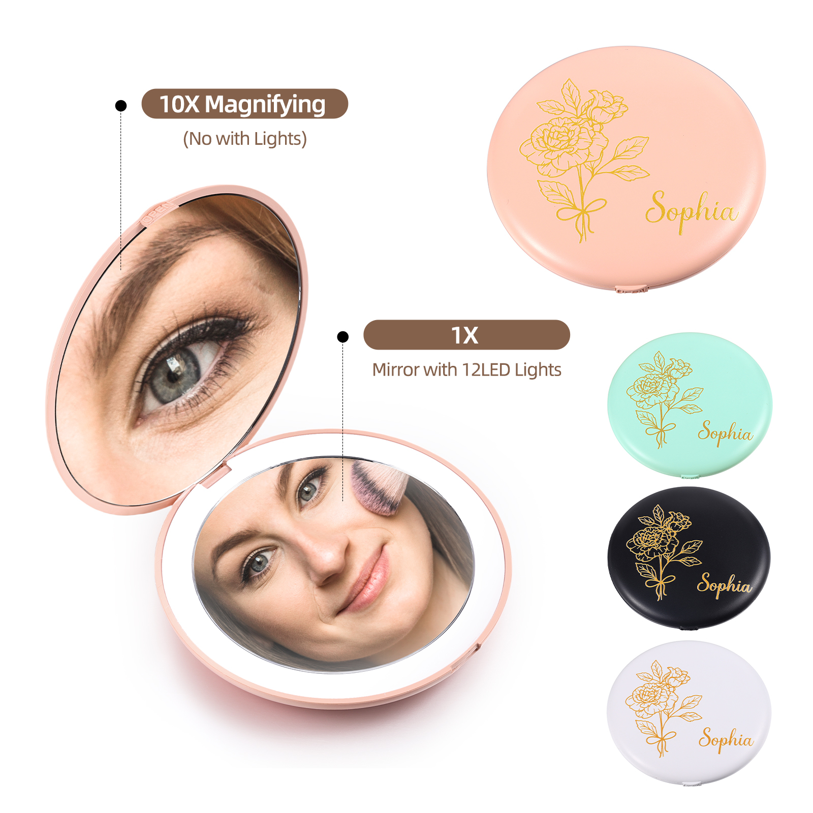 Personalised Birth Flower Pocket Mirror with Led Light Custom Name Compact Mirror Gifts for Her-Jessemade AU