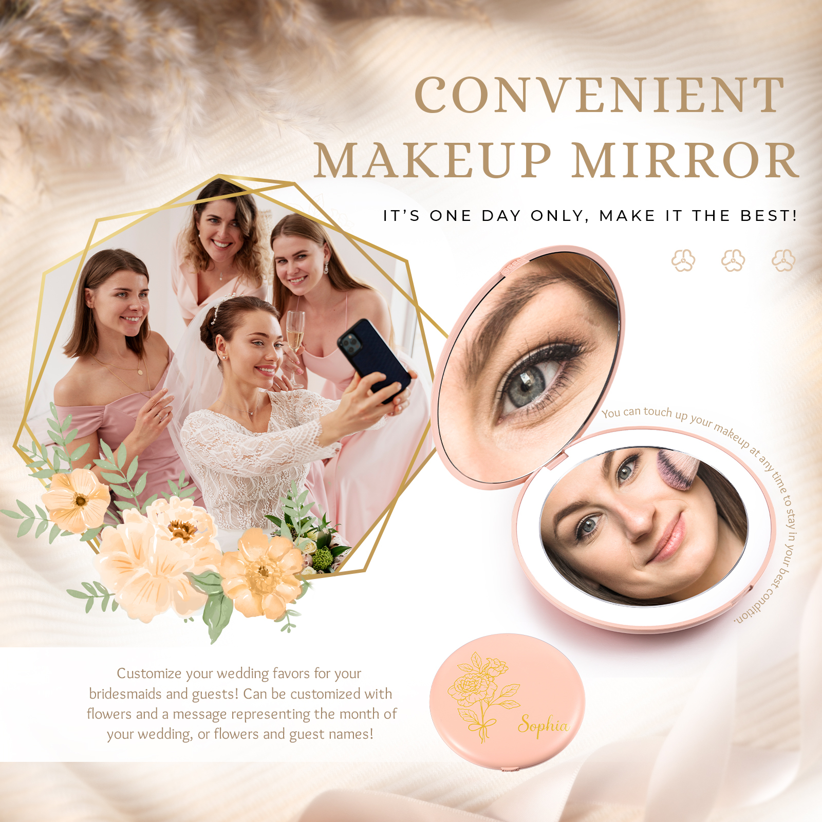 Personalised Birth Flower Pocket Mirror with Led Light Custom Name Compact Mirror Gifts for Her-Jessemade AU