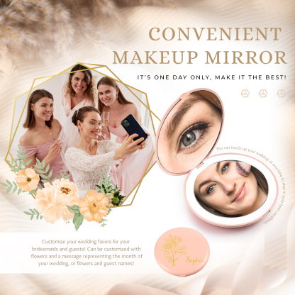 Personalised Birth Flower Pocket Mirror with Led Light Custom Name Compact Mirror Gifts for Her-Jessemade AU