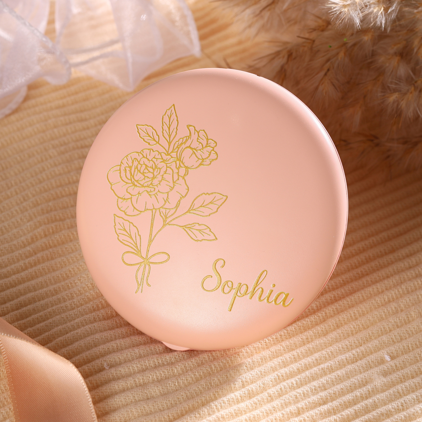 Personalised Birth Flower Pocket Mirror with Led Light Custom Name Compact Mirror Gifts for Her-Jessemade AU