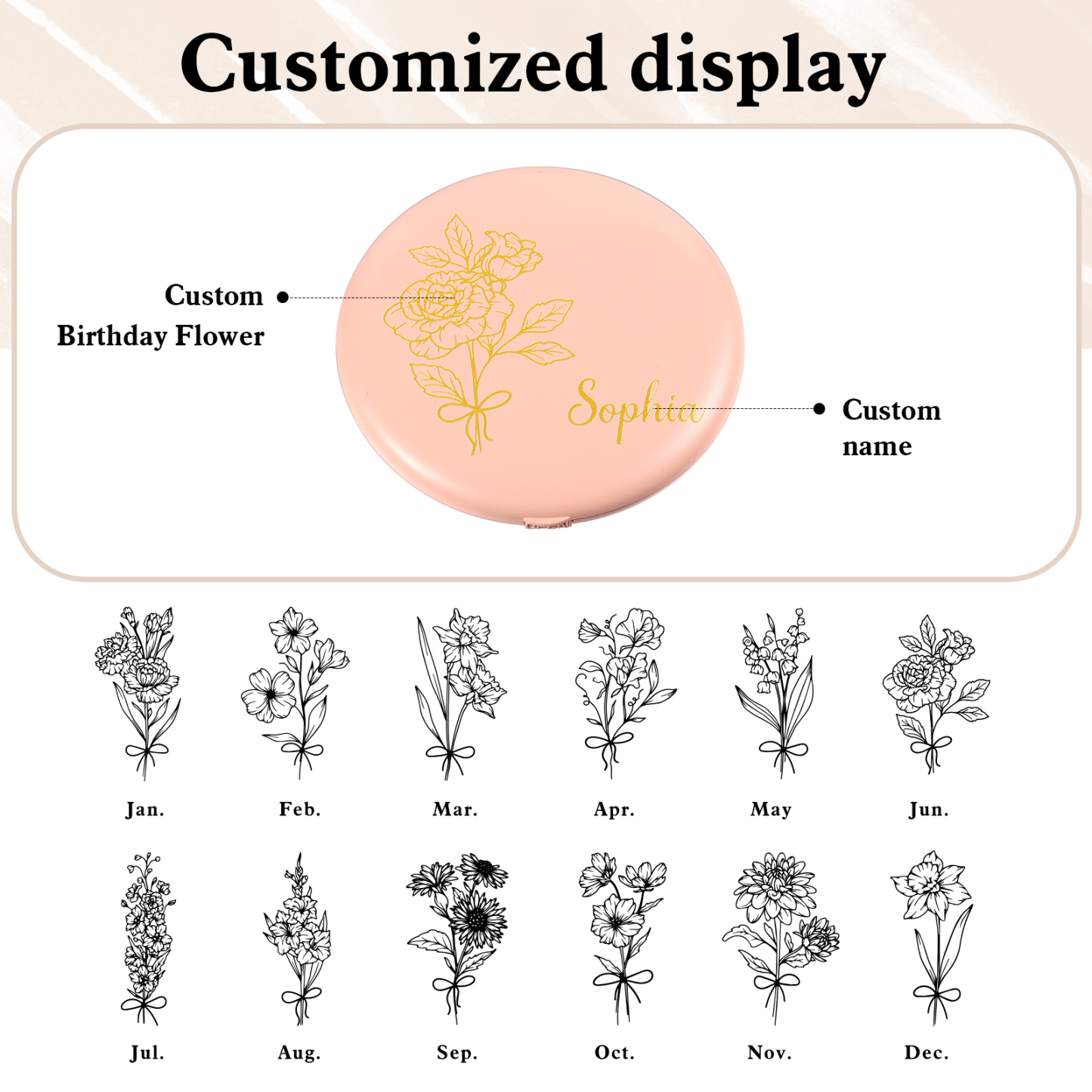 Personalised Birth Flower Pocket Mirror with Led Light Custom Name Compact Mirror Gifts for Her-Jessemade AU