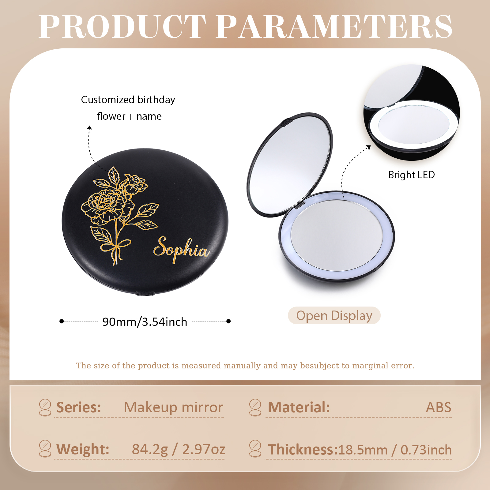 Personalised Birth Flower Pocket Mirror with Led Light Custom Name Compact Mirror Gifts for Her-Jessemade AU