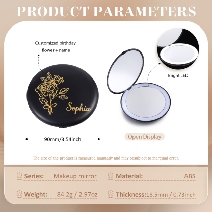Personalised Birth Flower Pocket Mirror with Led Light Custom Name Compact Mirror Gifts for Her-Jessemade AU