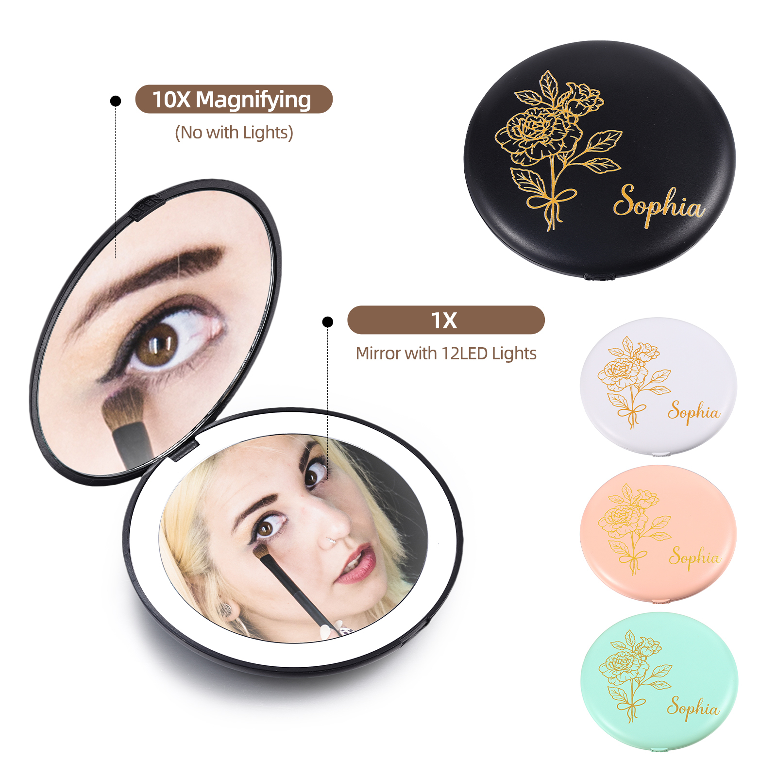 Personalised Birth Flower Pocket Mirror with Led Light Custom Name Compact Mirror Gifts for Her-Jessemade AU