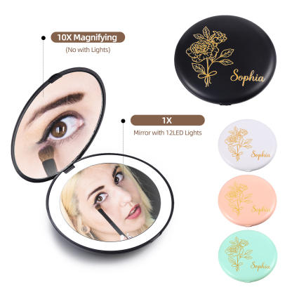 Personalised Birth Flower Pocket Mirror with Led Light Custom Name Compact Mirror Gifts for Her-Jessemade AU