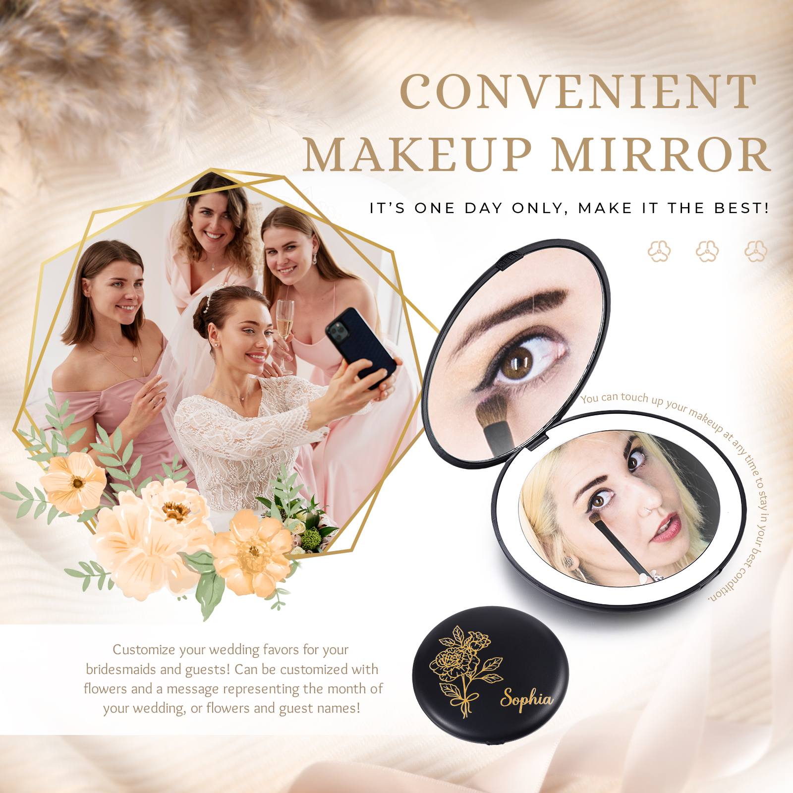 Personalised Birth Flower Pocket Mirror with Led Light Custom Name Compact Mirror Gifts for Her-Jessemade AU