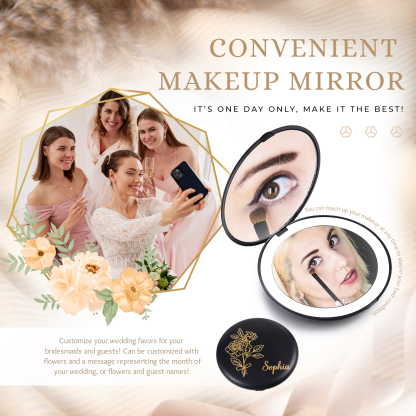 Personalised Birth Flower Pocket Mirror with Led Light Custom Name Compact Mirror Gifts for Her-Jessemade AU