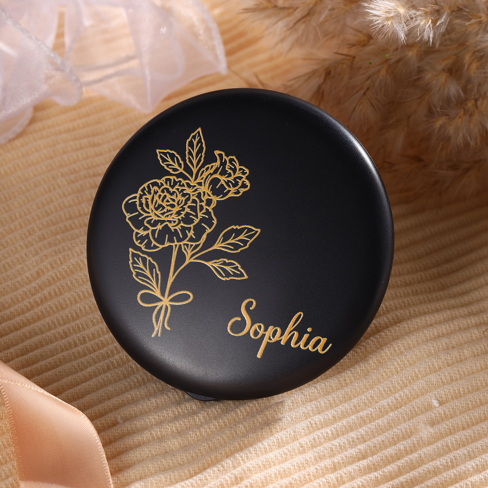 Personalised Birth Flower Pocket Mirror with Led Light Custom Name Compact Mirror Gifts for Her-Jessemade AU