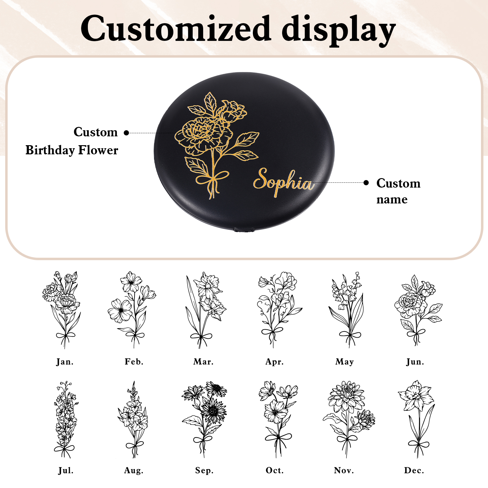 Personalised Birth Flower Pocket Mirror with Led Light Custom Name Compact Mirror Gifts for Her-Jessemade AU