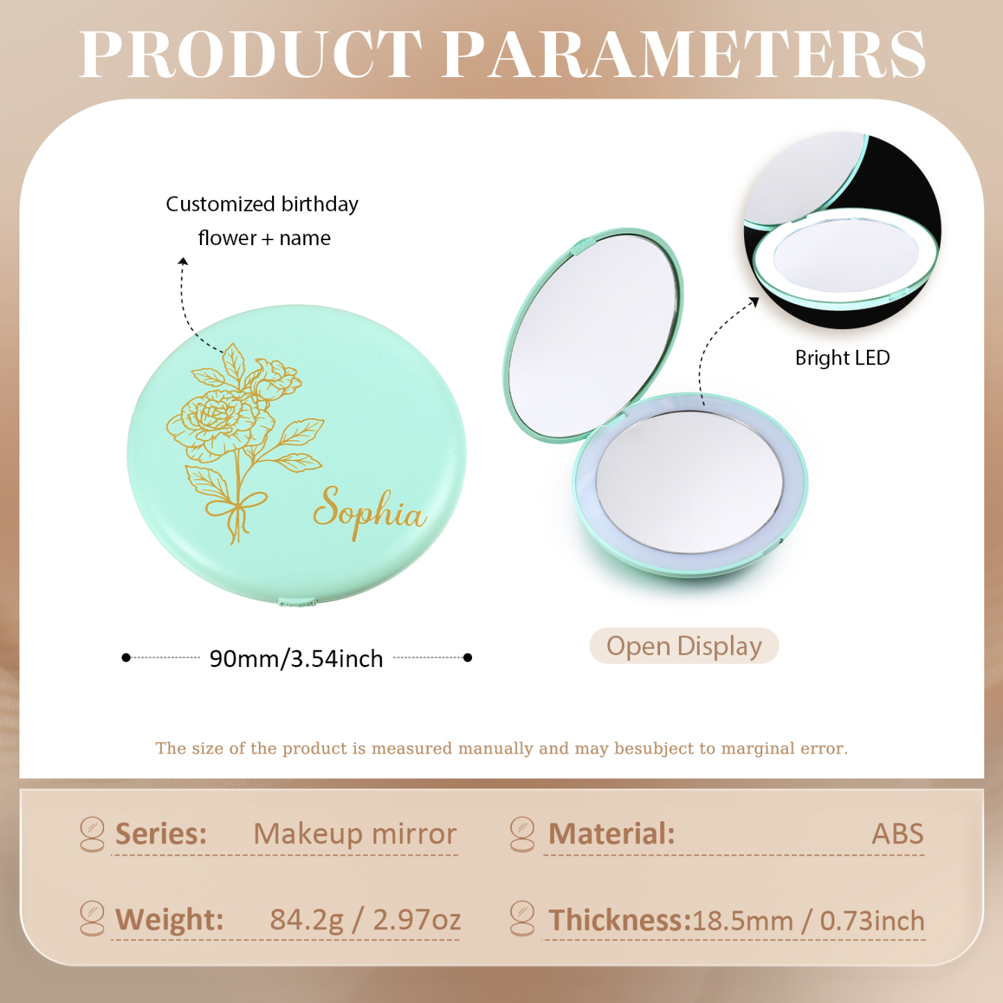 Personalised Birth Flower Pocket Mirror with Led Light Custom Name Compact Mirror Gifts for Her-Jessemade AU