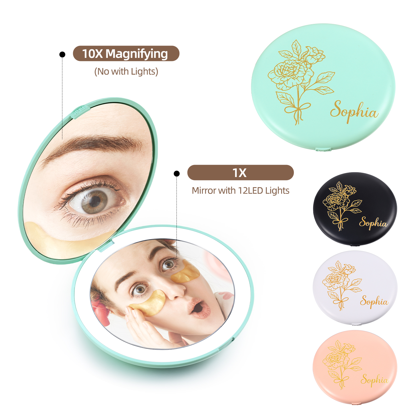 Personalised Birth Flower Pocket Mirror with Led Light Custom Name Compact Mirror Gifts for Her-Jessemade AU