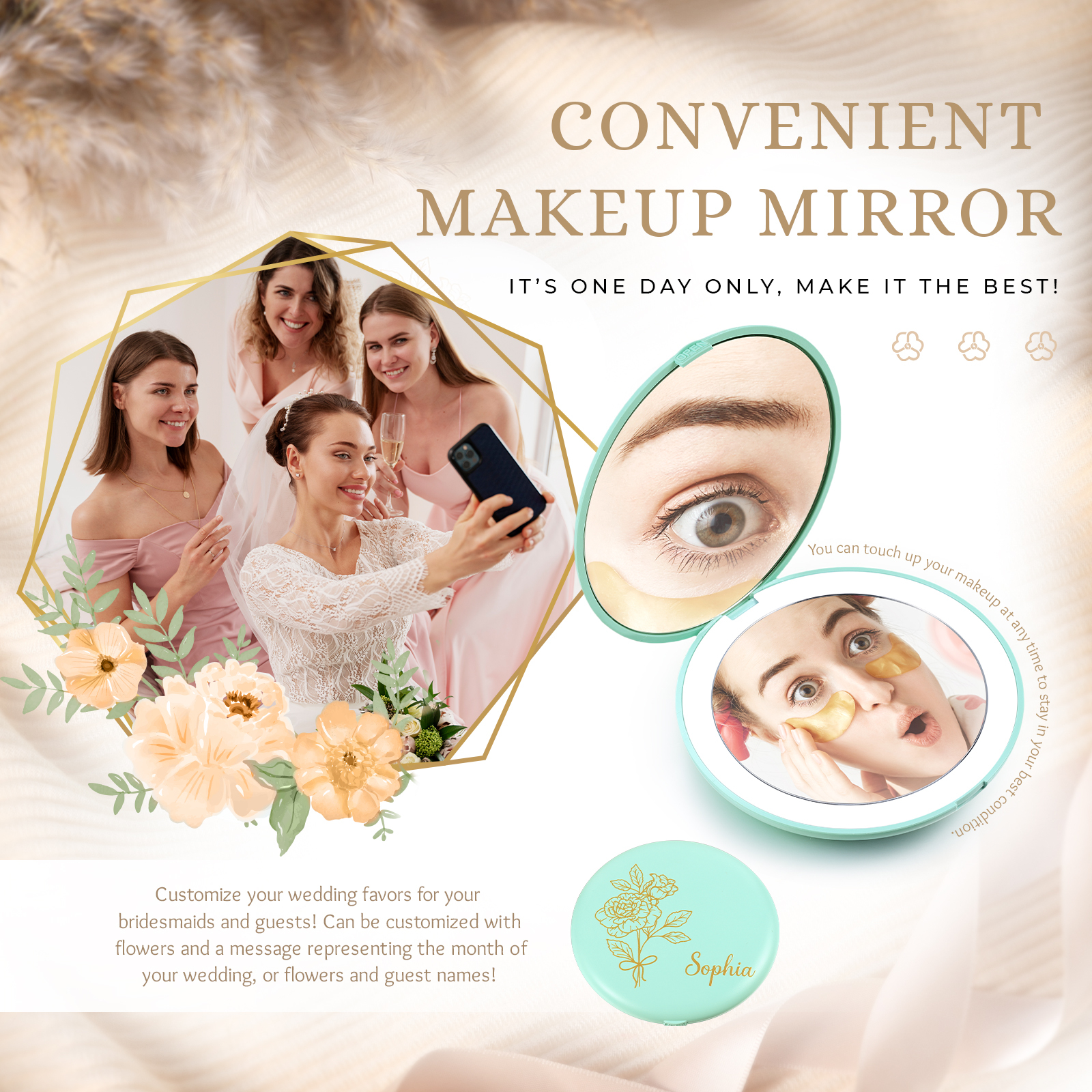 Personalised Birth Flower Pocket Mirror with Led Light Custom Name Compact Mirror Gifts for Her-Jessemade AU