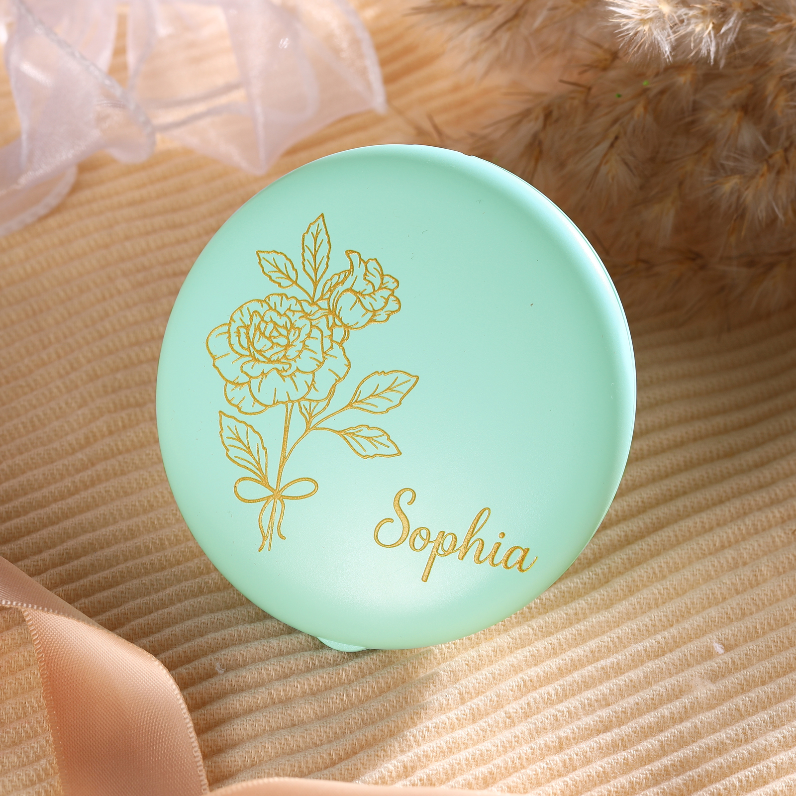 Personalised Birth Flower Pocket Mirror with Led Light Custom Name Compact Mirror Gifts for Her-Jessemade AU