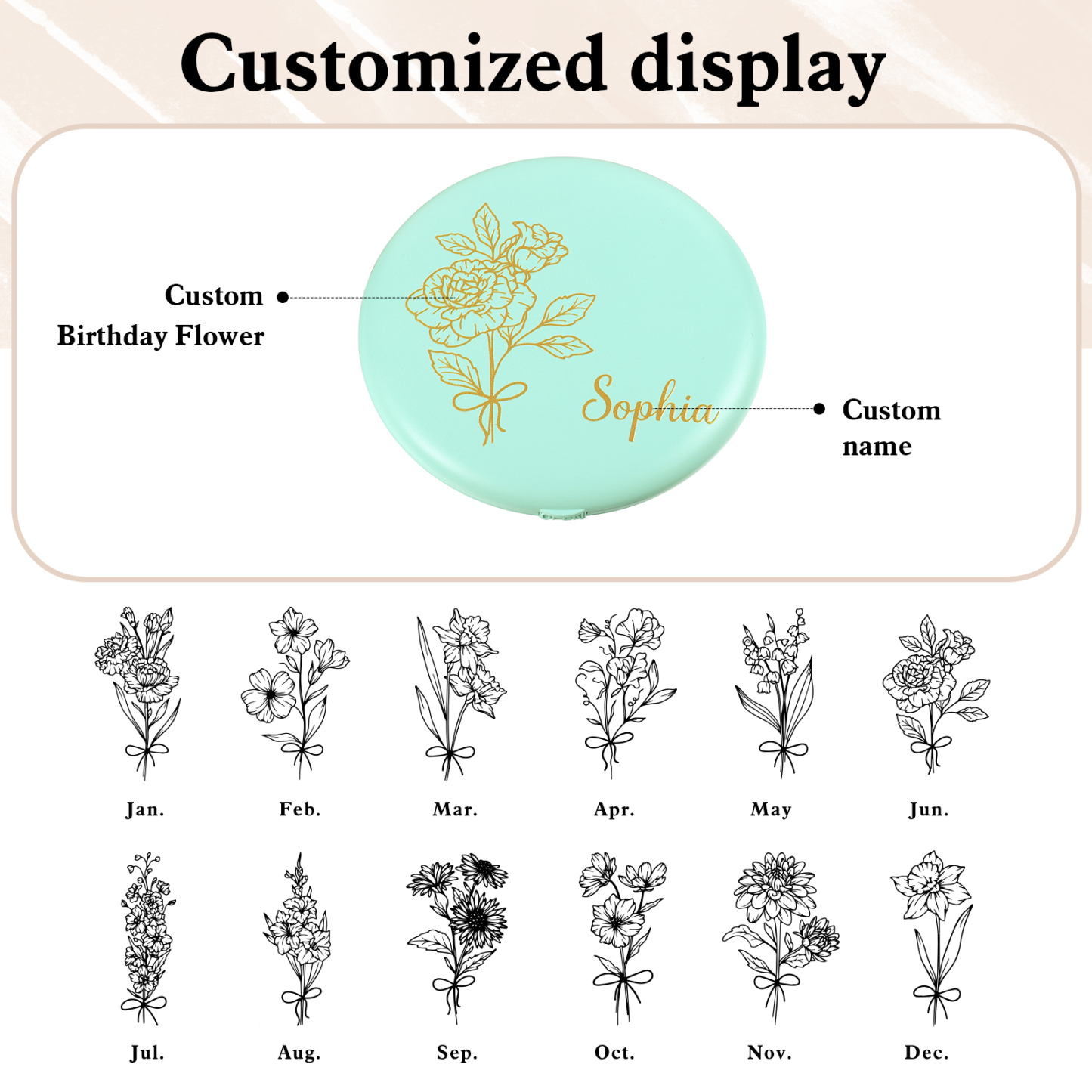 Personalised Birth Flower Pocket Mirror with Led Light Custom Name Compact Mirror Gifts for Her-Jessemade AU