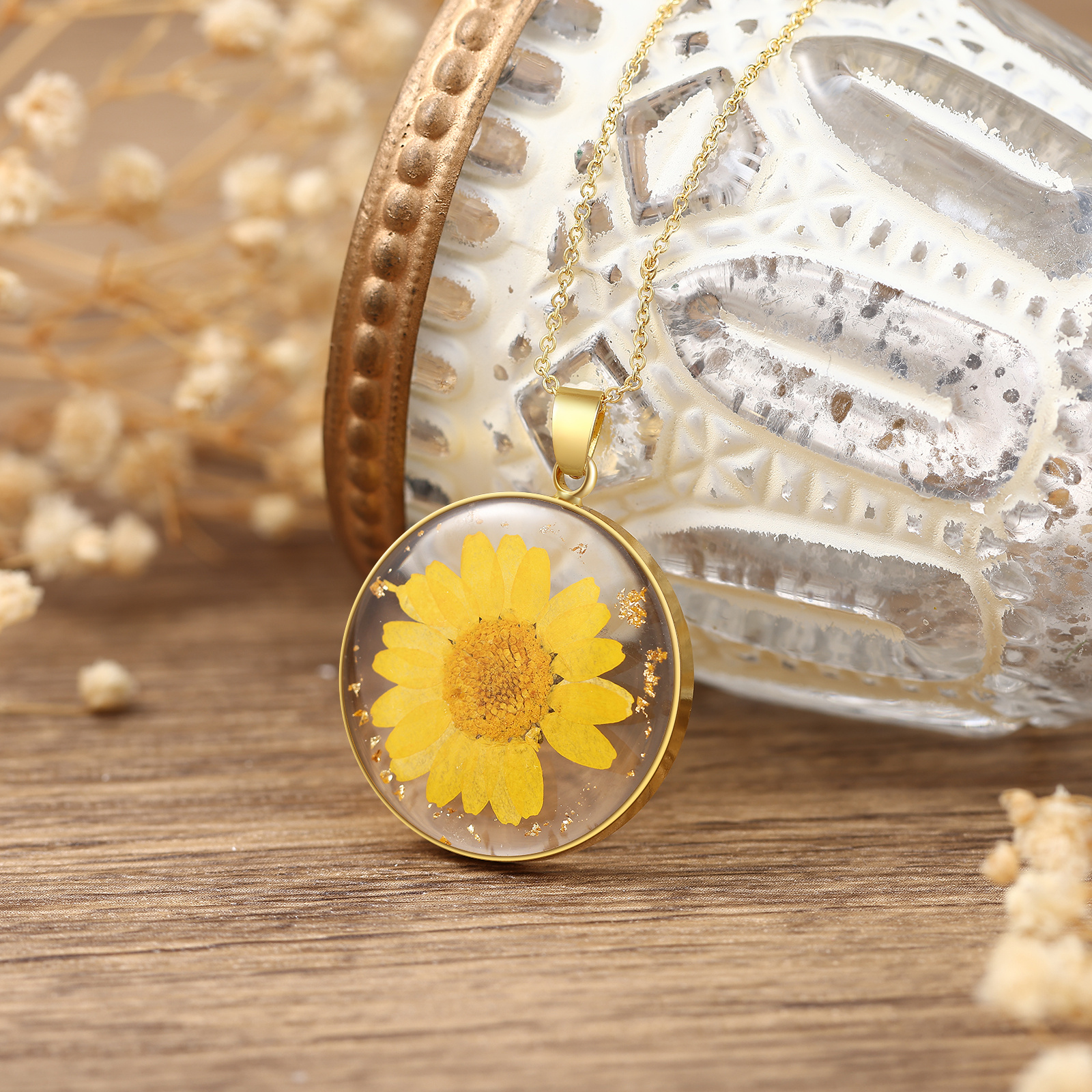 Personalised Gold Botanical Birth Flower Resin Pendant Necklace