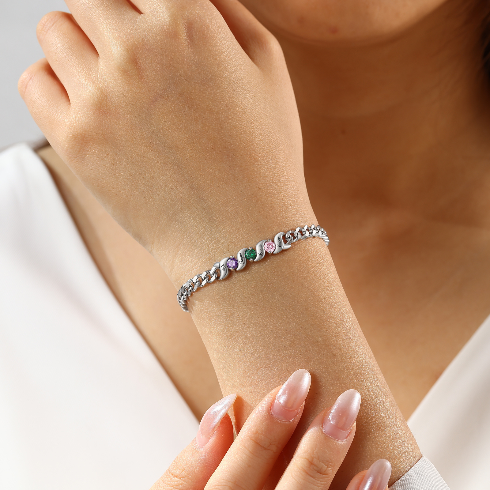 Personalised Cuban Link Bracelet Customised with 1–5 Names and Birthstones