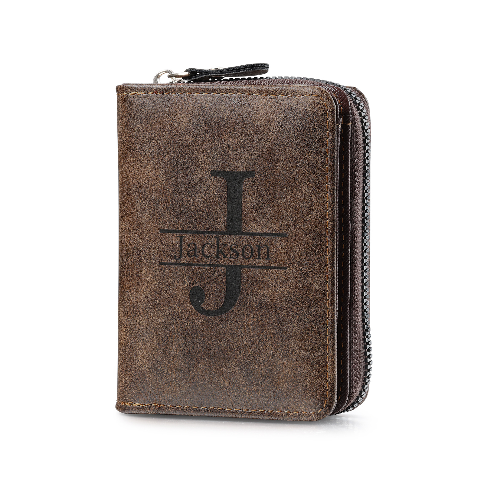 Personalised vintage men's wallet, zipped – photo engraved with name and initials
