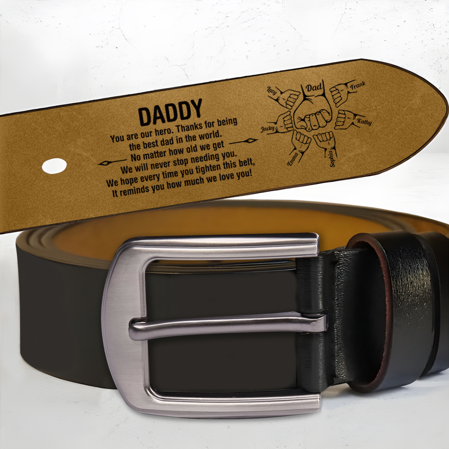 Personalised Leather Belt with 2-7 Names and Fist Bump Engraving Thoughtful Father’s Day Gift for Dad | Jessemade