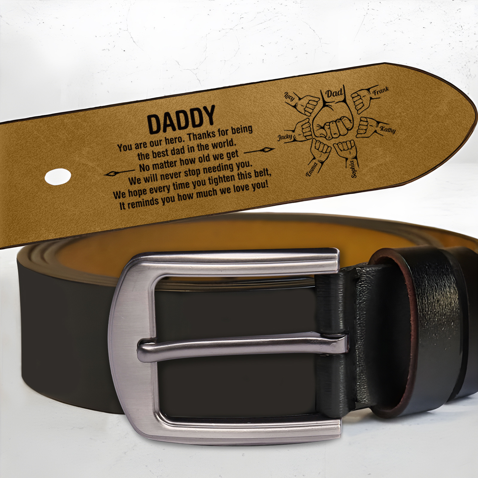 Personalised Leather Belt with 2-7 Names and Fist Bump Engraving Thoughtful Father’s Day Gift for Dad | Jessemade