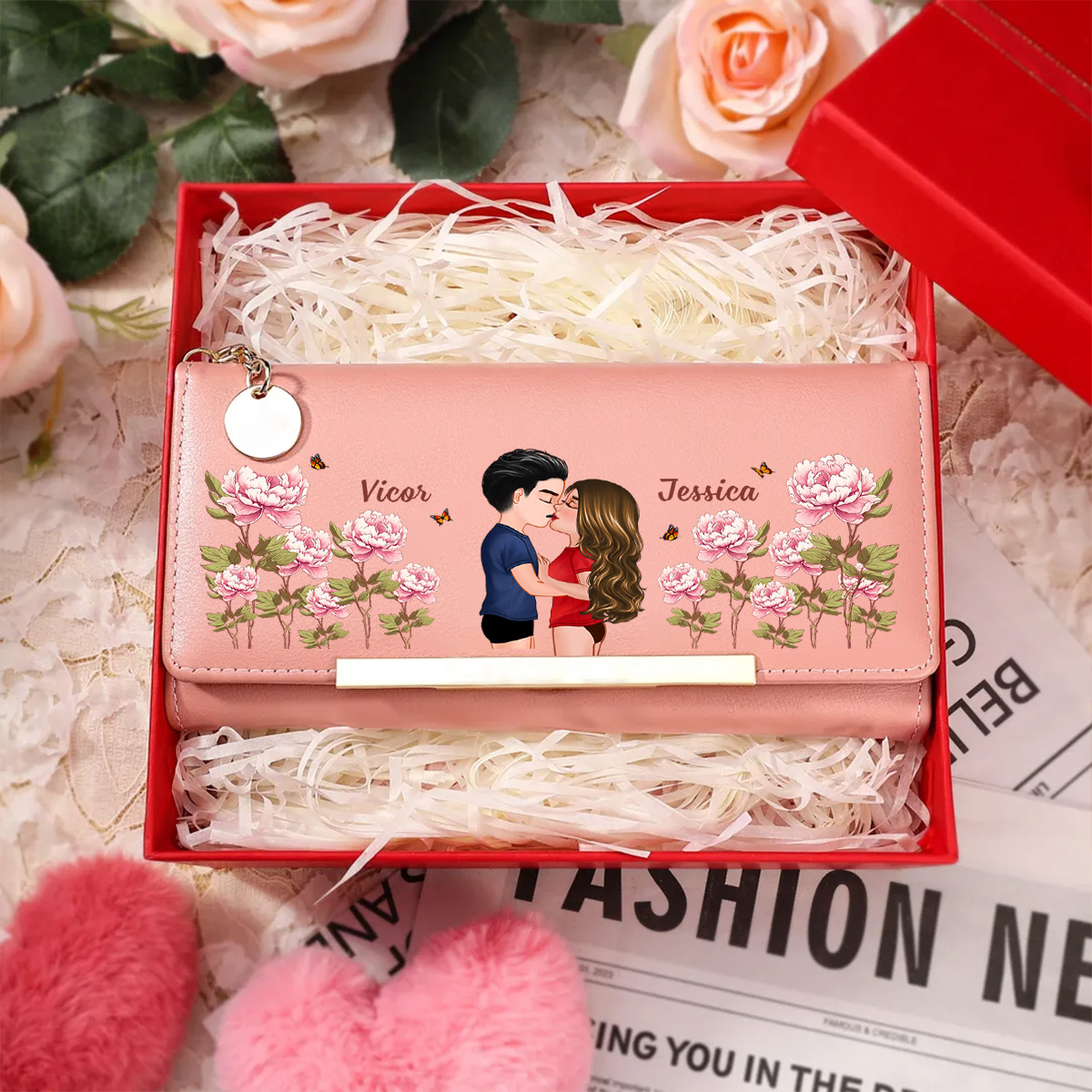 Personalised Couple Floral Purse Print PU Wallet For Women