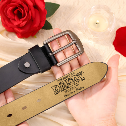 Personalised Leather Belt with 2-7 Names and 1 Letter "This awesome daddy belongs to "| Father’s Day Gift | Jessemade