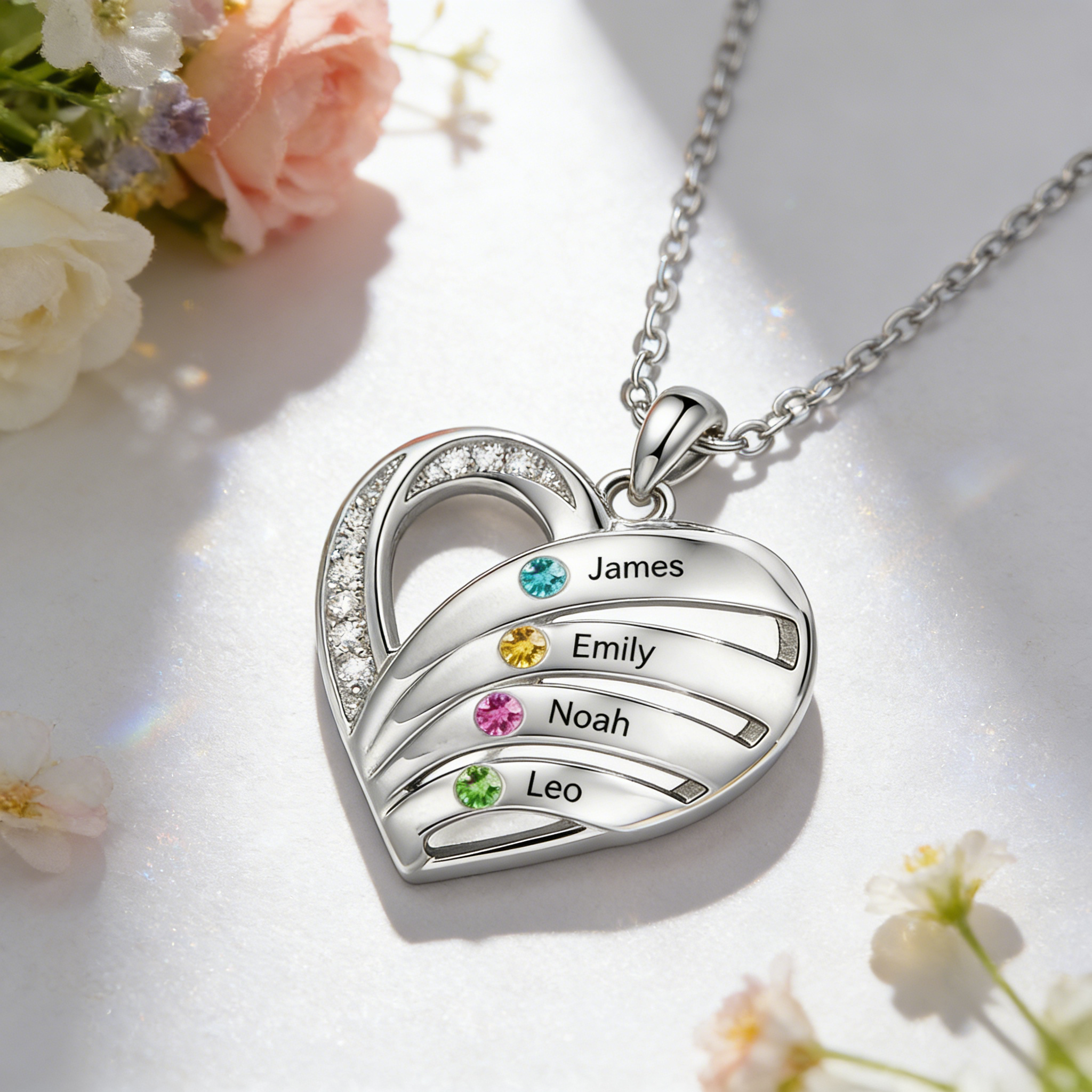 Personalised Heart Necklace with Birthstones, Customised with 3–5 Names and Stones
